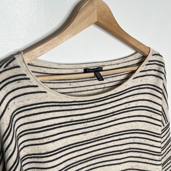 Eileen Fisher Womens Cotton Wool Pullover Sweater Large Beige Black Stripe Boxy - Picture 4 of 8
